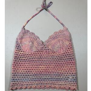 SHEIN Multicolor Crochet Knit Halter Crop Top Scallop Boho Festival L